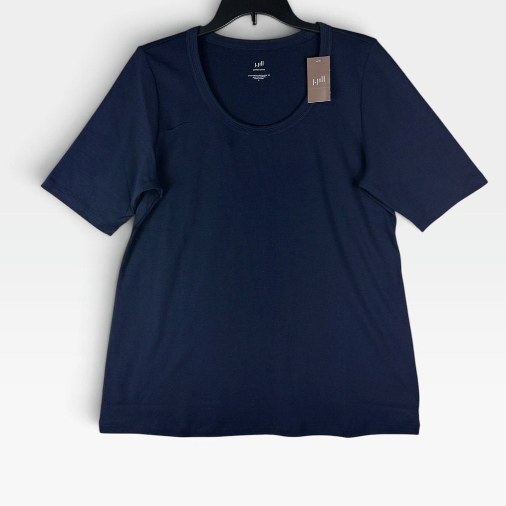 J. Jill Perfect Pima Scoop-Neck Elbow Sleeve Tee Womens L India Ink Navy NWT
